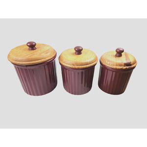 Vintage Debco Ceramic Canister Farmhouse Maroon 3 Piece Set Sealed Wood Lids
